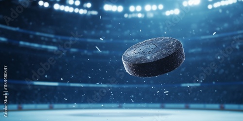 Ice hockey pucks captured mid game on ice within a stadium. A perfect dynamic shot of an ice hockey puck soaring through the air, with space for text on the right for a banner.