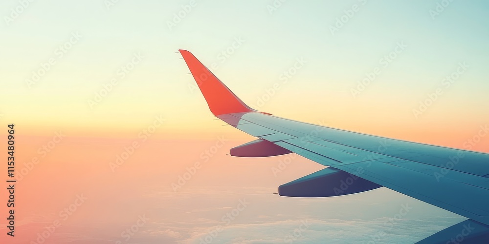 Fototapeta premium Wing of a plane soaring against a clear sky, highlighting the beauty of flight and the freedom of the open air. The plane s wing captures the essence of traveling through the sky.