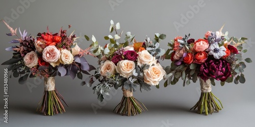 Three stunning bouquets beautifully arranged on a gray background, showcasing the elegance of nature s colors in these exquisite bouquets. Each bouquet adds charm to the overall scene.