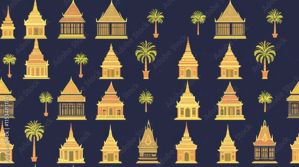 Golden Asian Temples Palm Trees Seamless Pattern Traditional Architecture Southeast Asian Design Golden Asian Temples Palm Trees Seamless Pattern Traditional Architecture Southeast Asian Design