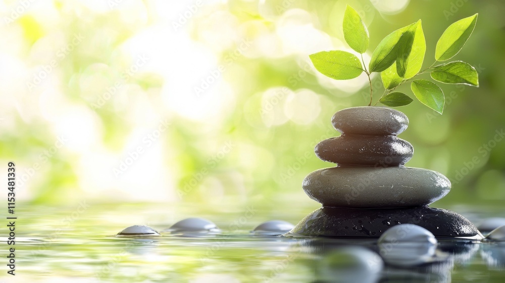 Zen stack of stones surrounded by lush green leaves Zen stack of stones surrounded by lush green leaves