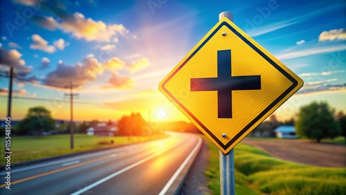 Intersection Road Sign Close-up: Secondary Road & Blue Sky Stock Photo