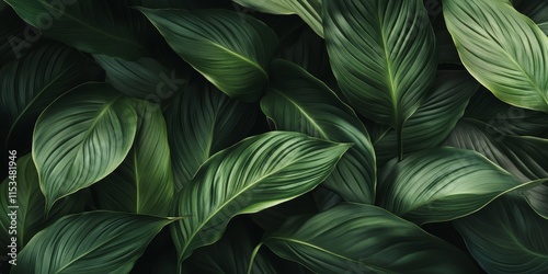 Wallpaper Mural Spathiphyllum cannifolium leaves create an abstract dark green texture, offering a vibrant nature background. The Spathiphyllum cannifolium adds an exotic feel with its tropical leaf design. Torontodigital.ca
