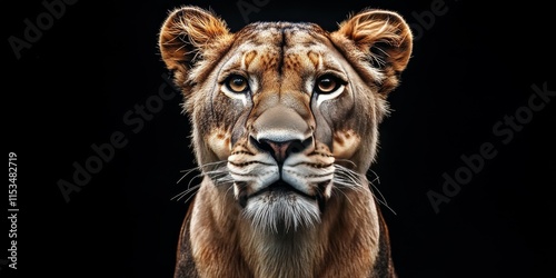 Curious peppy lioness in a dark setting prepares to leap, showcasing the predatory interest characteristic of big cats. This close up portrait highlights the lioness s muzzle against a black