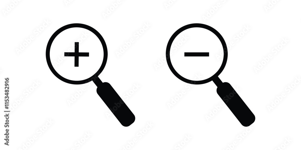 Zoom in and zoom out icon set. Magnifying glass icon, Zoom symbol, zoom lens sign, scan search symbol isolated, search symbol for web icons flat vector illustration. Zoom in and zoom out icon set. Magnifying glass icon, Zoom symbol, zoom lens sign, scan search symbol isolated, search symbol for web icons flat vector illustration.