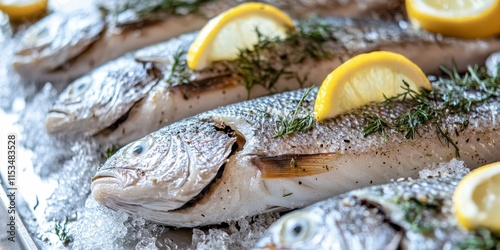 Fresh raw sea bass expertly prepared for grilling, showcasing the vibrant textures and colors of sea bass. Perfect for a delicious grilling experience featuring sea bass. photo