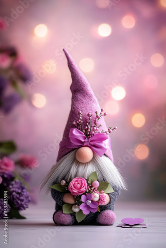 delightful gnome with pink and lavender hat, surrounded by flowers