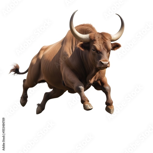 A large, muscular brown bull with large curved horns charging forward