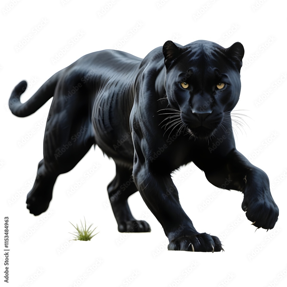 Obraz premium A large, muscular black panther stalking through the grass, its eyes focused and alert