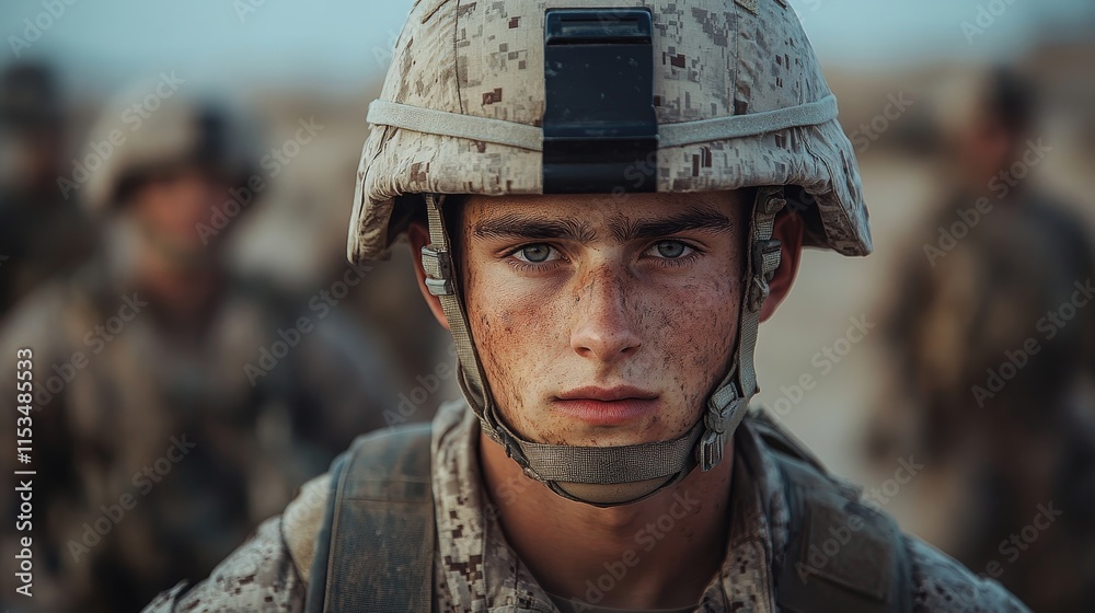 Fototapeta premium Soldier in camouflage uniform and helmet stares intently at the camera, with fellow soldiers blurred in the background