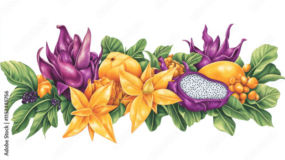 A vivid cut-out style composition of fresh fruits and vegetables, featuring bold yellows, purples, and oranges, on a pristine white background, arranged dynamically with a balanced flow. Highlights of A vivid cut-out style composition of fresh fruits and vegetables, featuring bold yellows, purples, and oranges, on a pristine white background, arranged dynamically with a balanced flow. Highlights of
