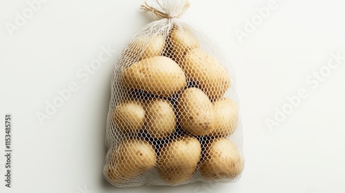 Bag of potatoes is displayed on a white background. The potatoes are in a mesh bag, and there are at least 13 of them. The bag is open, and the potatoes are visible inside