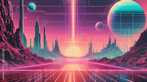 Classic Sci-Fi Setting: A futuristic vista reminiscent of the 1980s, characterized by a digital cyber landscape