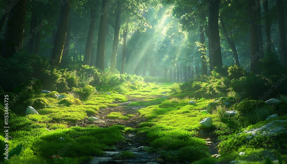 Obraz premium Fog in Nature, Serene Forest Pathway Covered in Vibrant Green Moss with Sunlight Filtering Through Trees, Ideal for Nature Walks, Outdoor Adventure, and Tranquil Landscape Inspiration