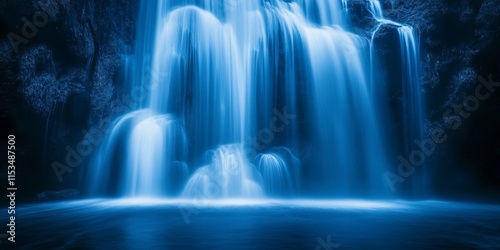 Long exposure shot capturing the beauty of a waterfall, featuring a striking blue toned image that highlights the mesmerizing flow and movement of the waterfall in an artistic way.