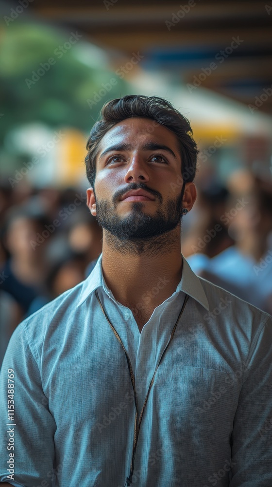 Obraz premium Bearded man in a white shirt gazes upwards, standing among a blurred crowd, with soft lighting overhead
