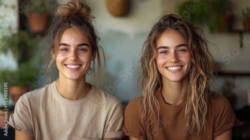 Twin sisters smiling in a cozy plant-filled cafe
