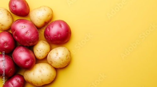 Bunch of red and yellow potatoes are piled on top of each other. The red potatoes are larger and more prominent than the yellow ones. Concept of abundance and freshness photo