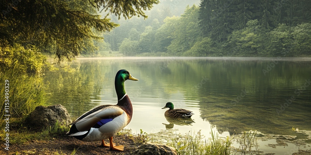 Drake and duck interact peacefully near the serene lake, showcasing the beauty of wildlife in harmony with nature by the lake, where both drake and duck contribute to the tranquil atmosphere.