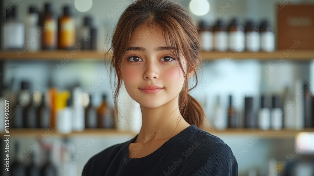 Person with long hair and a friendly smile stands in front of shelves filled with various bottles and products Person with long hair and a friendly smile stands in front of shelves filled with various bottles and products