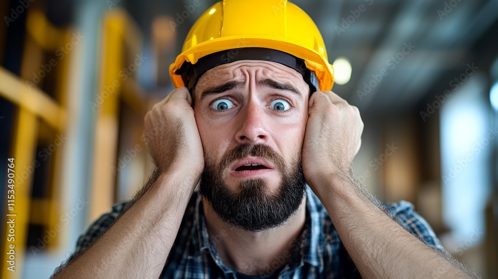 Man wearing a yellow hard hat is wearing earplugs and looking surprised. He is in a warehouse or construction site Man wearing a yellow hard hat is wearing earplugs and looking surprised. He is in a warehouse or construction site