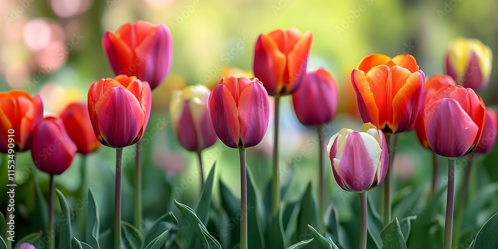 Vibrant tulips blooming in a garden create a stunning flower background. Experience the beauty of colorful tulips as they enhance the scene with their striking hues and lively presence. Vibrant tulips blooming in a garden create a stunning flower background. Experience the beauty of colorful tulips as they enhance the scene with their striking hues and lively presence.