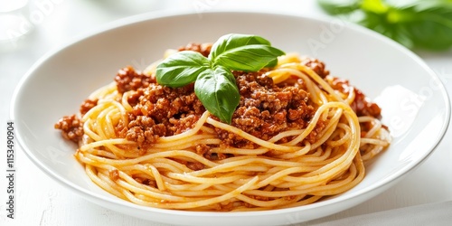 Spaghetti bolognese featuring flavorful meat ragout and fresh basil against a light background. This delicious spaghetti dish embodies traditional Italian cuisine with its rich flavors.