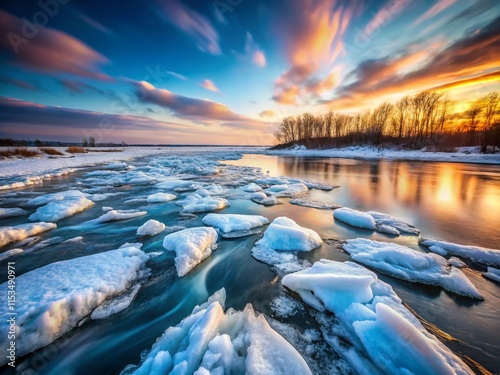 Long Exposure Photography: Ice Drift on Severnaya Dvina River, Arkhangelsk, Russia photo