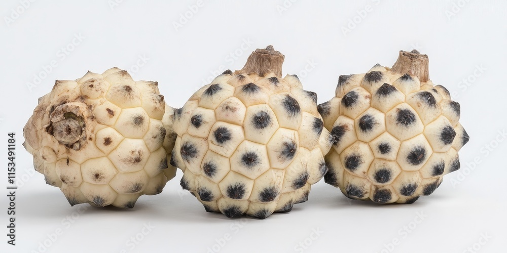 Ripe sweetsop, also known as custard apple, features a creamy white flesh and numerous black seeds. This image highlights the distinctive appearance of the sweetsop against a pristine white Ripe sweetsop, also known as custard apple, features a creamy white flesh and numerous black seeds. This image highlights the distinctive appearance of the sweetsop against a pristine white