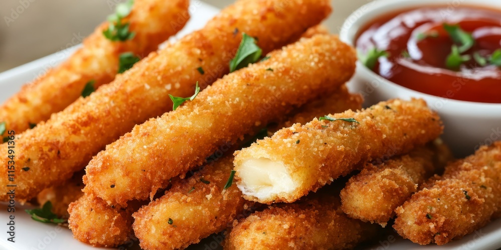 Delicious breaded fried mozzarella cheese sticks served with a tangy ketchup dipping sauce, perfect for snacking or appetizer lovers who enjoy the crispy, cheesy delight of mozzarella cheese sticks. Delicious breaded fried mozzarella cheese sticks served with a tangy ketchup dipping sauce, perfect for snacking or appetizer lovers who enjoy the crispy, cheesy delight of mozzarella cheese sticks.