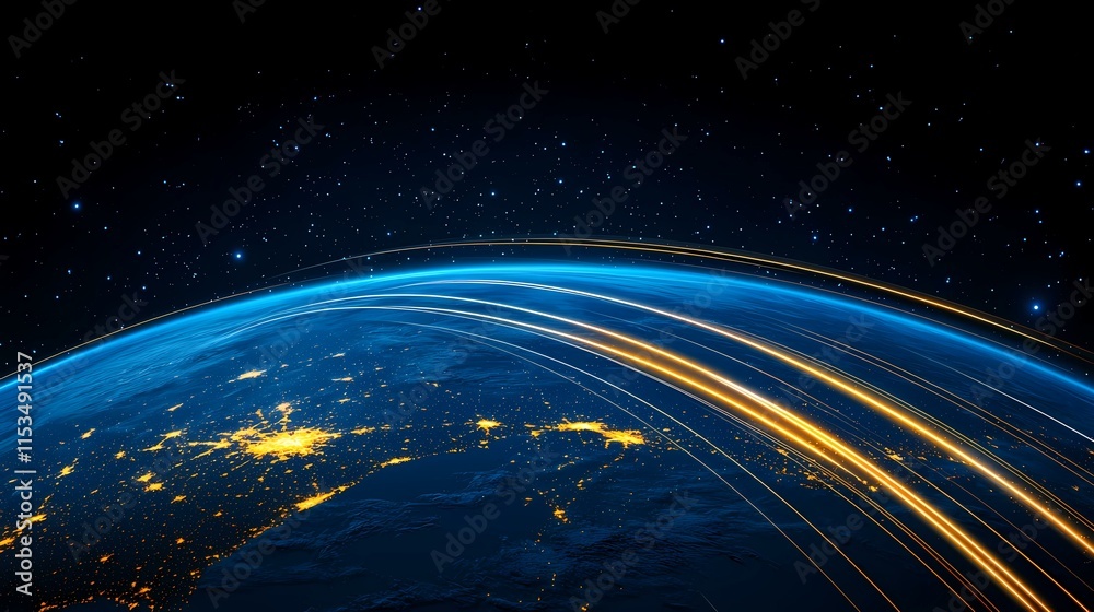 Obraz premium The image shows a stylized depiction of Earth from space at night, with glowing streaks of light representing data streams or global connectivity arcing around the planet against a backdrop of stars.