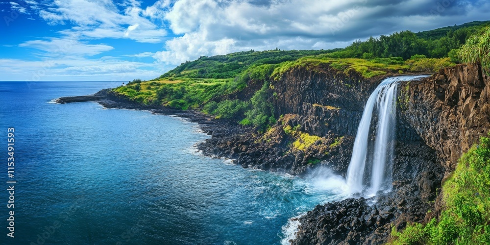 Fototapeta premium Serene waterfall cascading from a cliff into the sea, creating a stunning view at the foot of the waterfall. The beauty of the waterfall draws attention to its powerful flow and scenic surroundings.