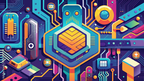 Advanced tech circuit board with futuristic glowing lines. High-tech motherboard design with digital connections and electronic components.