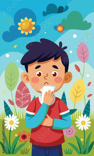 Sneezing child with allergy symptoms holding tissue, sick boy suffering from seasonal allergies with red nose and watery eyes