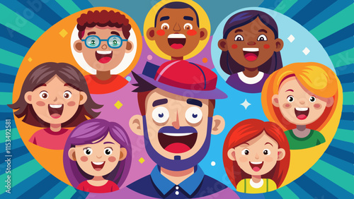 Grupo diverso de personas que expresan diferentes emociones, ilustración vectorial. Rostros que muestran felicidad, tristeza y sorpresa en varios estilos y colores.