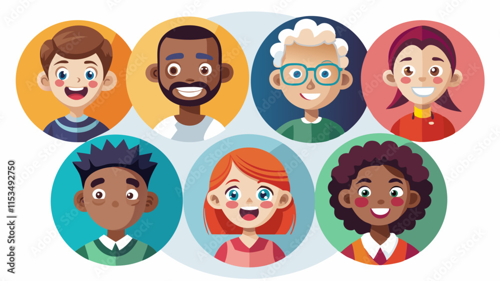Conjunto de rostros de personas diversas que representan diferentes emociones y profesiones, ilustración vectorial.