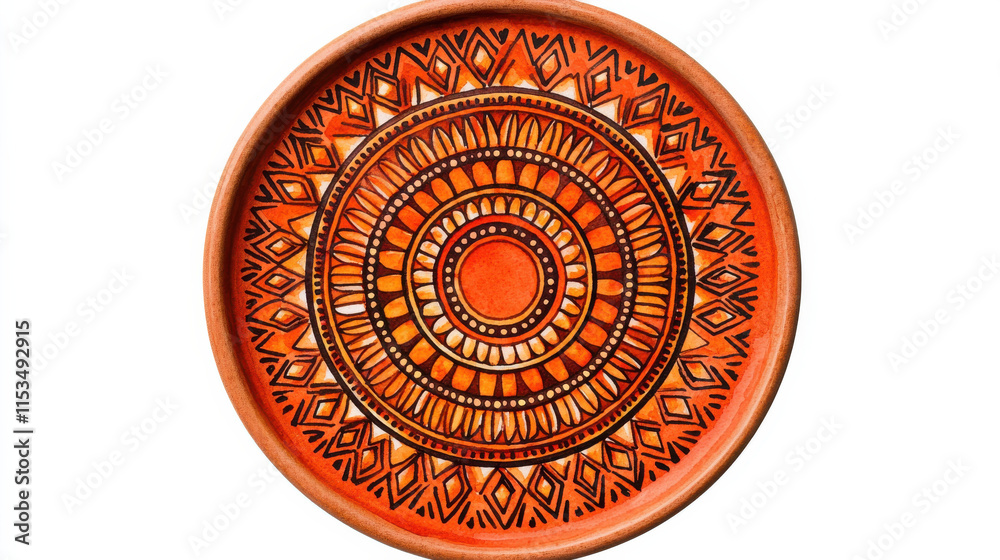 Obraz premium Intricate orange ceramic plate with geometric patterns isolated design on white backgro