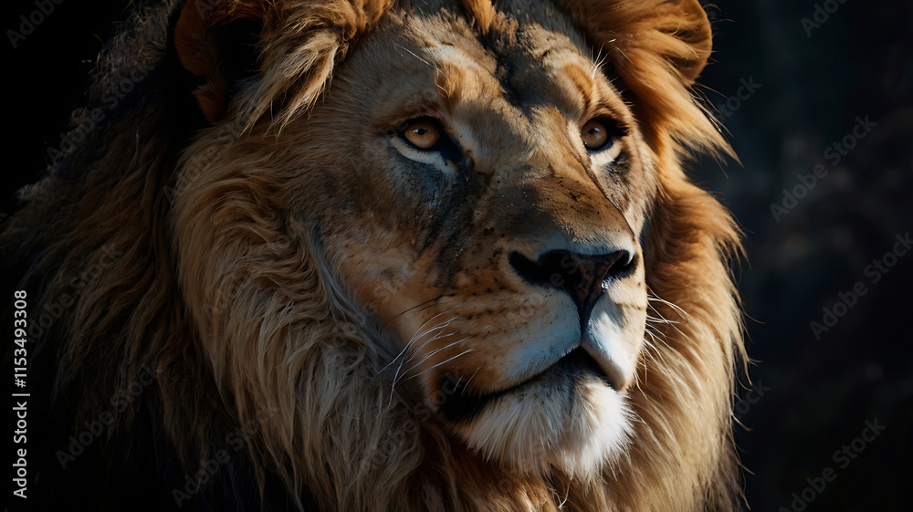 Naklejka premium King of the Jungle, Close-up of lion looking away against black background 