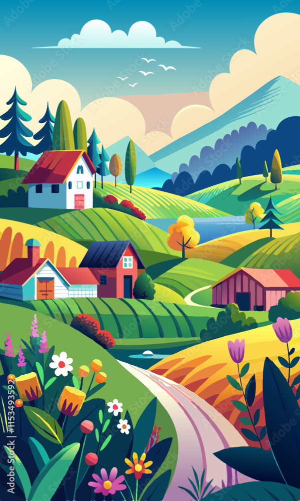 Ilustración vectorial pacífica del campo de verano, pradera brillante y colorida con brisa suave, ambiente rural tranquilo con luz solar cálida.