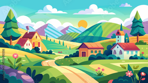Ilustración vectorial pacífica del campo de verano, pradera brillante y colorida con brisa suave, ambiente rural tranquilo con luz solar cálida.