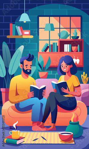 Feliz pareja leyendo un libro juntos en un acogedor sofá en la sala de estar. Una pareja joven disfruta de un tiempo tranquilo en casa, se relaja y pasa tiempo de calidad en el sofá con un libro.