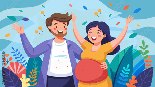 Joyful couple announcing pregnancy news with positive emotions, embracing new journey of parenthood with happiness.
