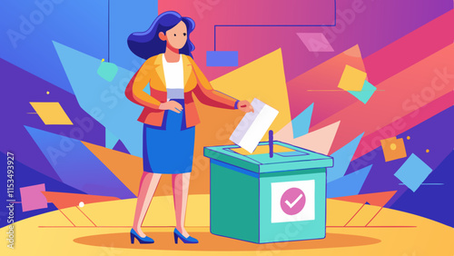 Woman voting in election booth vector illustration. Voting in election booth, female participation in democracy, political process, casting ballot in election booth, civic responsibility.

