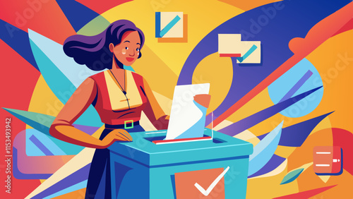 Woman voting in election booth vector illustration. Voting in election booth, female participation in democracy, political process, casting ballot in election booth, civic responsibility.

