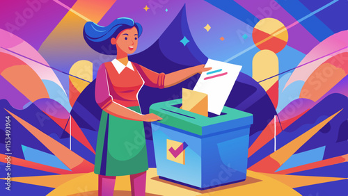 Mujer votando en la ilustración de vector de cabina electoral. Votar en las casillas electorales, participación femenina en la democracia, proceso político, emisión del voto en las casillas electorale