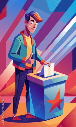 Hombre emitiendo voto en la ilustración de vector de cabina electoral. Ciudadano participando en el proceso de votación democrática, emitiendo su voto en la casilla electoral.