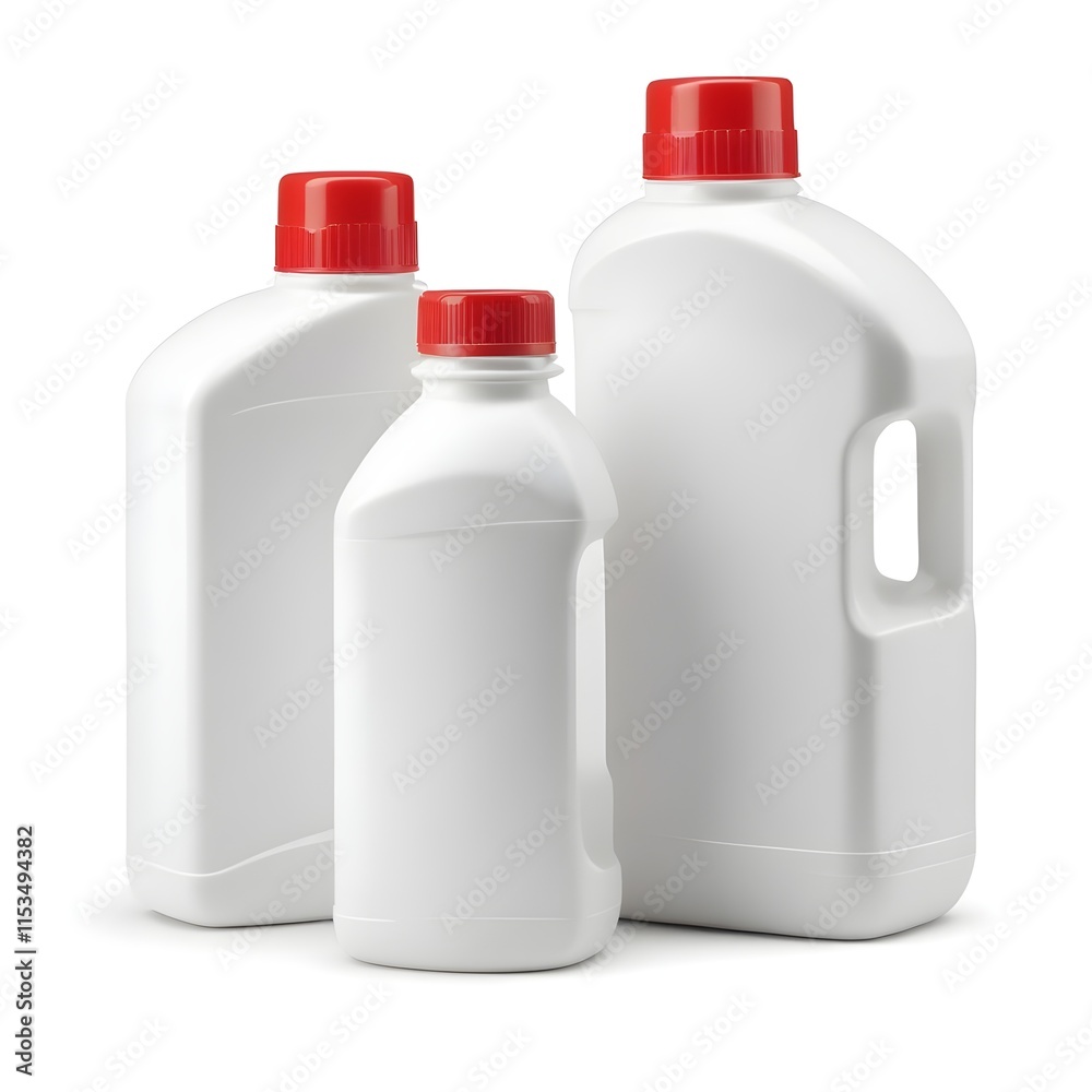 Three white mockup plastic bottles of various sizes with red caps Three white mockup plastic bottles of various sizes with red caps