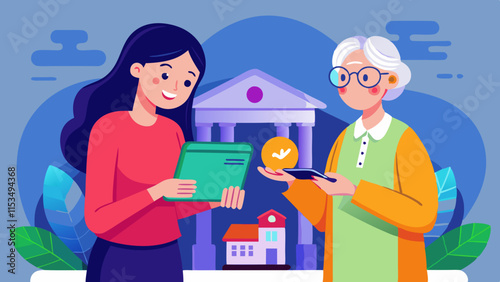 Young woman donating money via mobile banking app to elderly woman for charitable cause