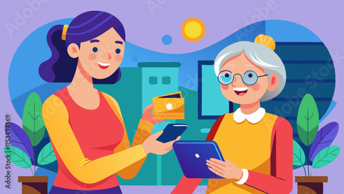 Young woman donating money via mobile banking app to elderly woman for charitable cause