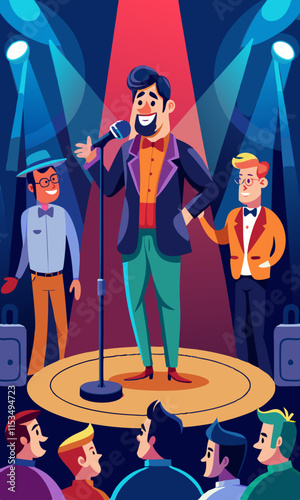Comedians performing on stage with microphone engaging audience in stand-up comedy show.